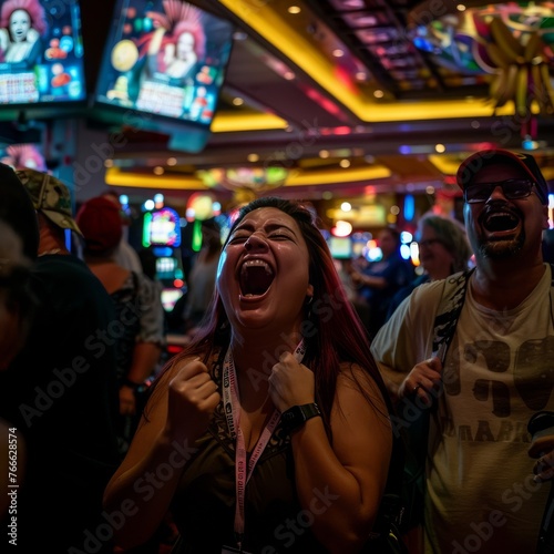 A woman ecstatically cheers among a lively casino crowd, reveling in the thrill of the game.