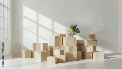 stack of cardboard boxes in empty white room on background