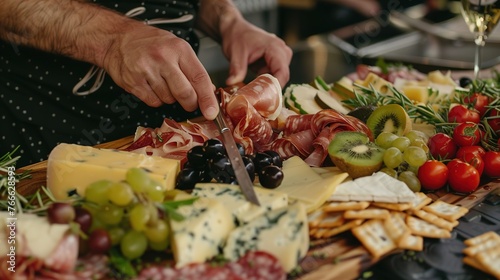 A chef assembling a gourmet charcuterie board with an assortment of artisanal cheeses, cured meats, fresh fruit, and gourmet crackers, creating a visually 