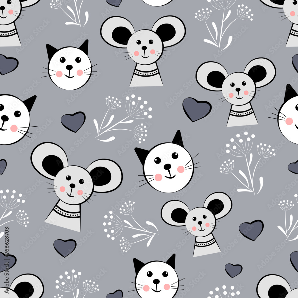 Seamless pattern of mouse and cats on grey background