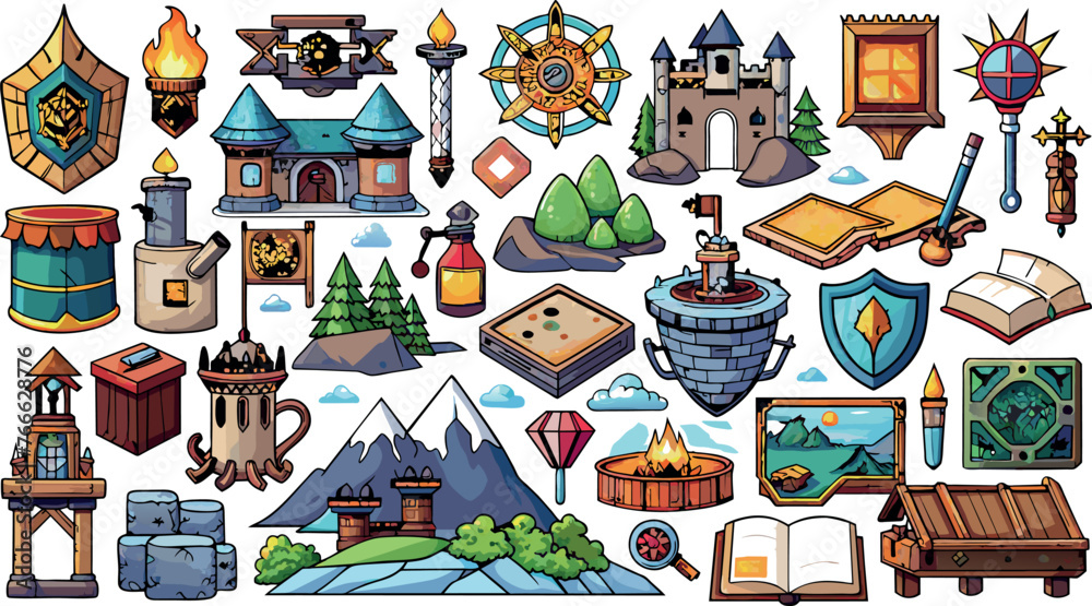 Obraz premium Fantasy map elements illustration, drawing, engraving, ink, line art, vector