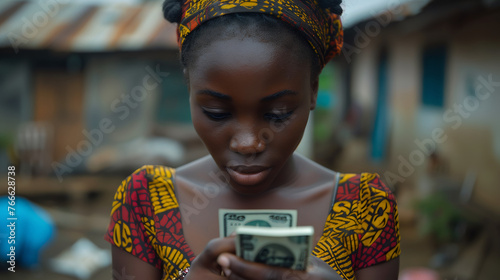 Femme africaine compte ses billets de banque, liasse de billets, faire de l'argent en Afrique