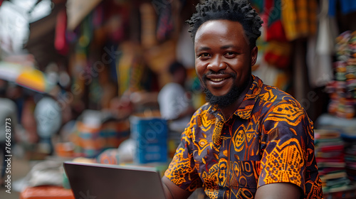 Jeune homme africain avec un ordinateur portable, heureux, sourire, habit local en Afrique photo