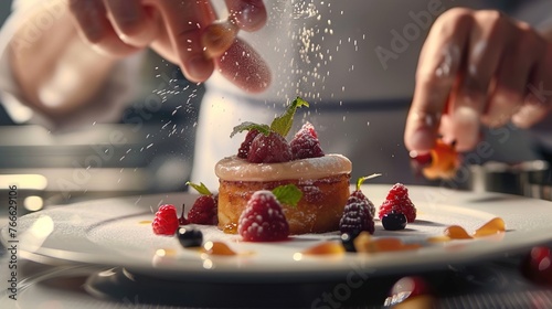 A chef meticulously plating a gourmet dessert masterpiece at a fine dining food restaurant, delicately arranging elements to create a visually stunning and delectable sweet indulgence.