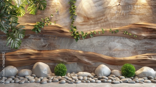 Natural Stone and Wood Wall with Greenery