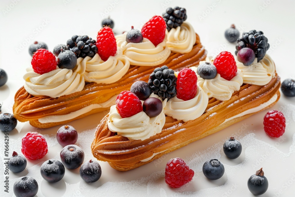 Two éclairs with whipped vanilla cream and berries on a white background. Two éclairs with whipped vanilla cream and berries on a white background.