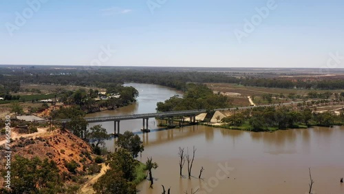 Wachtels lagoon on Murray river in South Australia – aerial landscape flying as 4k.
 photo