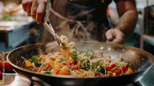 A chef tossing fresh pasta in a pan with vibrant vegetables, aromatic herbs, and savory sauces, creating a mouthwatering pasta dish that embodies the essence 