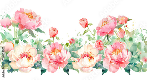 Fototapeta Naklejka Na Ścianę i Meble -  Watercolor border of pink peonies on white background
