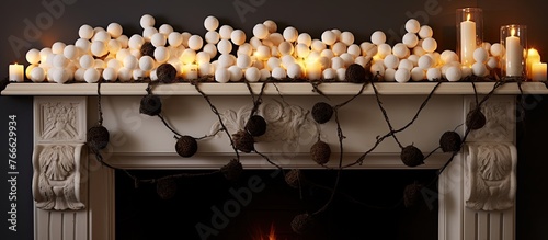 Candles are lit on a mantle with a garland of pine cones