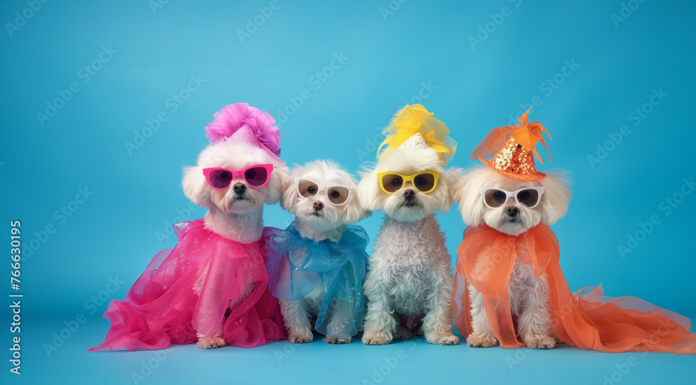 four e dogs wearing party hats and sunglasses are. The dogs are wearing ...