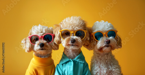 Three dogs wearing party hats and sunglasses are. The dogs are wearing blue and orange outfits. The photo has a fun and festive mood. animal concept. birthday party invite invitation banner