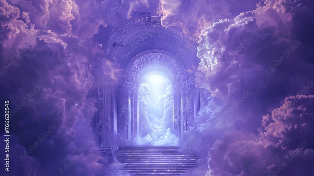 Stairs rising to a glowing archway amidst celestial clouds. Pathway ascending to a luminous portal through the heavens. Concept of ascension, divine entry, mysticism, and surreal exploration. - obrazy, fototapety, plakaty 