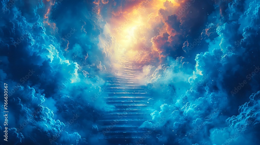 Stairway rising to a radiant sunrise amidst celestial clouds. Celestial steps. Cosmic pathway to a new day. Concept of hope, new beginnings, spiritual ascent, and the sublime. Watercolor art - obrazy, fototapety, plakaty 