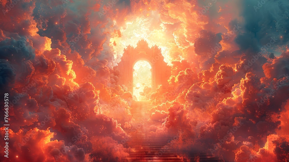 Ethereal steps rising to a glowing portal amid the clouds, bordered by imposing arches. Concept of transcendence, spiritual paths, divine gateways, and architectural wonder. Watercolor illustration - obrazy, fototapety, plakaty 