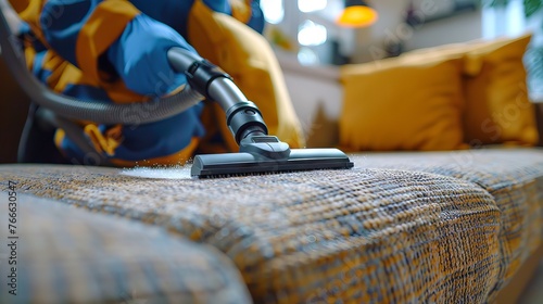 Expert sofa cleaning with a powerful vacuum cleaner. Process of vacuuming a couch. Concept of meticulous hygiene, professional cleaning service, allergen control,chores, and domestic care.