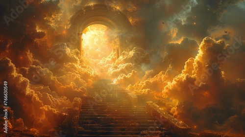 Ethereal staircase ascending through clouds to illuminated portal. Dreamy cloudscape surrounding a mystical entrance. Concept of exploration, otherworldly realms, gateway to heaven, and imagination.