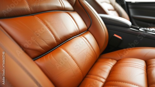 Close-up of leather car seats with detailed stitching, portraying comfort and luxury in automotive design. Concept of relaxation, superior materials, and meticulous craftsmanship. © Jafree