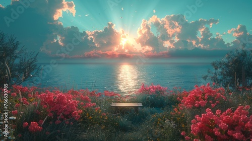 Sunset at a seaside bench with blooming flowers. A peaceful bench overlooks the sea amidst vibrant flora. Concept of relaxation, natural beauty, and serene sunsets. Digital illustration photo