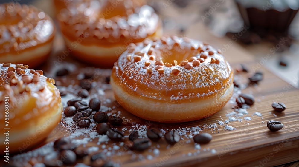 Gourmet glazed donuts decorated with coffee beans on a wooden surface Gourmet glazed donuts decorated with coffee beans on a wooden surface