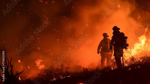 Firefighters Stand Against Wildfire, Firefighters on Duty, The Fight Against Raging Flames, The Courageous Struggle of Fire Brigades photo