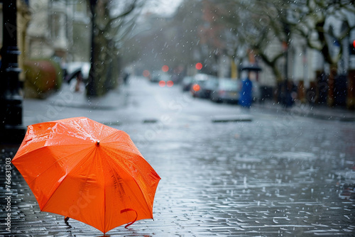 Orange umbrella among the city streets saves from heavy rain.