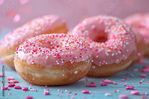 Pink glazed donuts with heart-shaped sprinkles on wooden background © Georgii