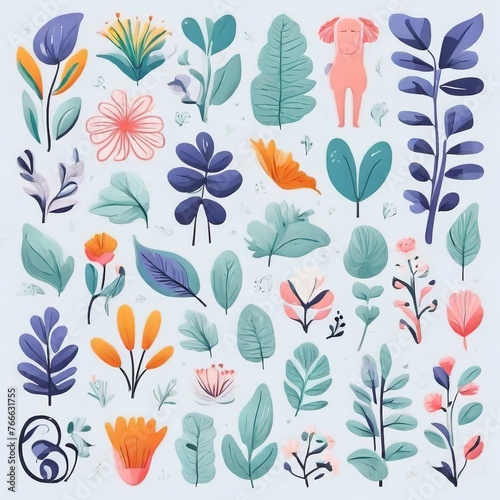 A collection of seamless pattern, colorful abstract plants and flowers. Hand drawn Collection of leaves and flowers. A close up of a pattern of flowers and leaves.  © Yasir