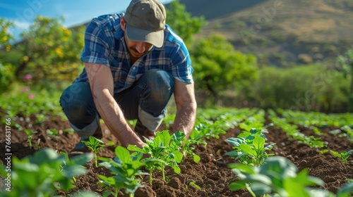a man examining crop in a field