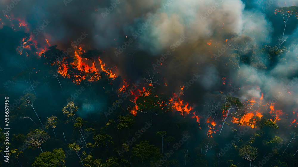 aerial view, Amazon rainforest on fire, climate emergency