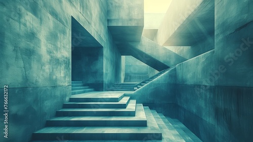 A sleek architectural design showcasing modern concrete stairways and ambient light, evoking a futuristic aesthetic.