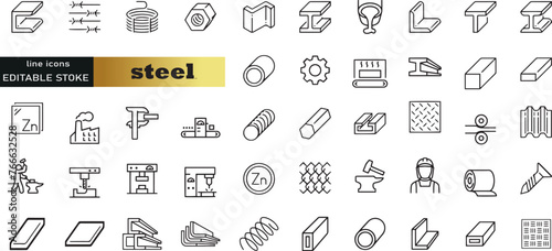 Set of outline icons related to steel. Linear icon collection. Editable stroke. Vector illustration