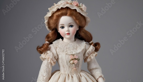 A Porcelain Doll With An Intricate Dress And Porce