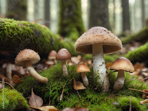 Forest Floor Mushrooms with Moss and Fallen Leaves. generative AI