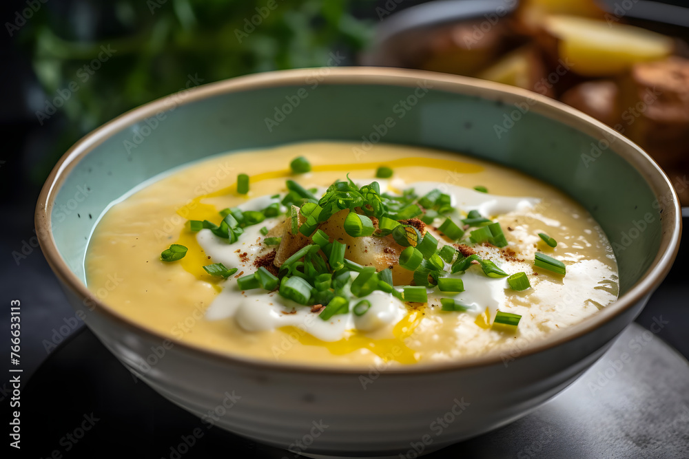 Creamy Potato and cheddar soup in a bowl. Generated AI Creamy Potato and cheddar soup in a bowl. Generated AI