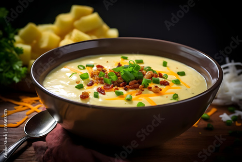 Creamy Potato and cheddar soup in a bowl. Generated AI