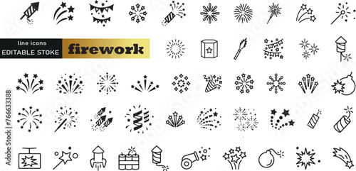 Set of firework icons, celebration, party, happy new year. Vector set