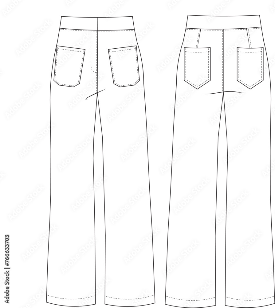 with pocket darted mid rise mid waist straight jeans denim pant trouser template technical drawing flat sketch cad mockup fashion woman design style model
