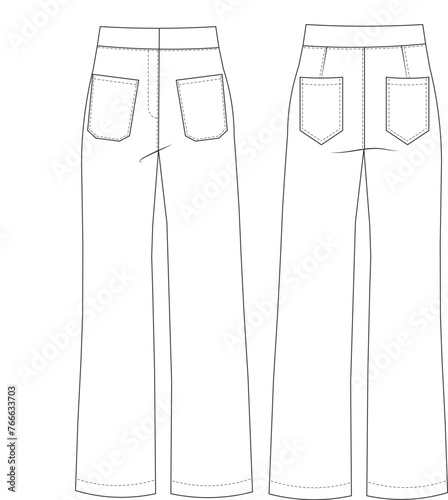 with pocket darted mid rise mid waist straight jeans denim pant trouser template technical drawing flat sketch cad mockup fashion woman design style model 