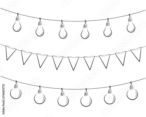 set of fairy lights, pennants, ball garland, black line isolated vector decoration, string of outdoor lights, holiday lamps for wedding or birthday cards