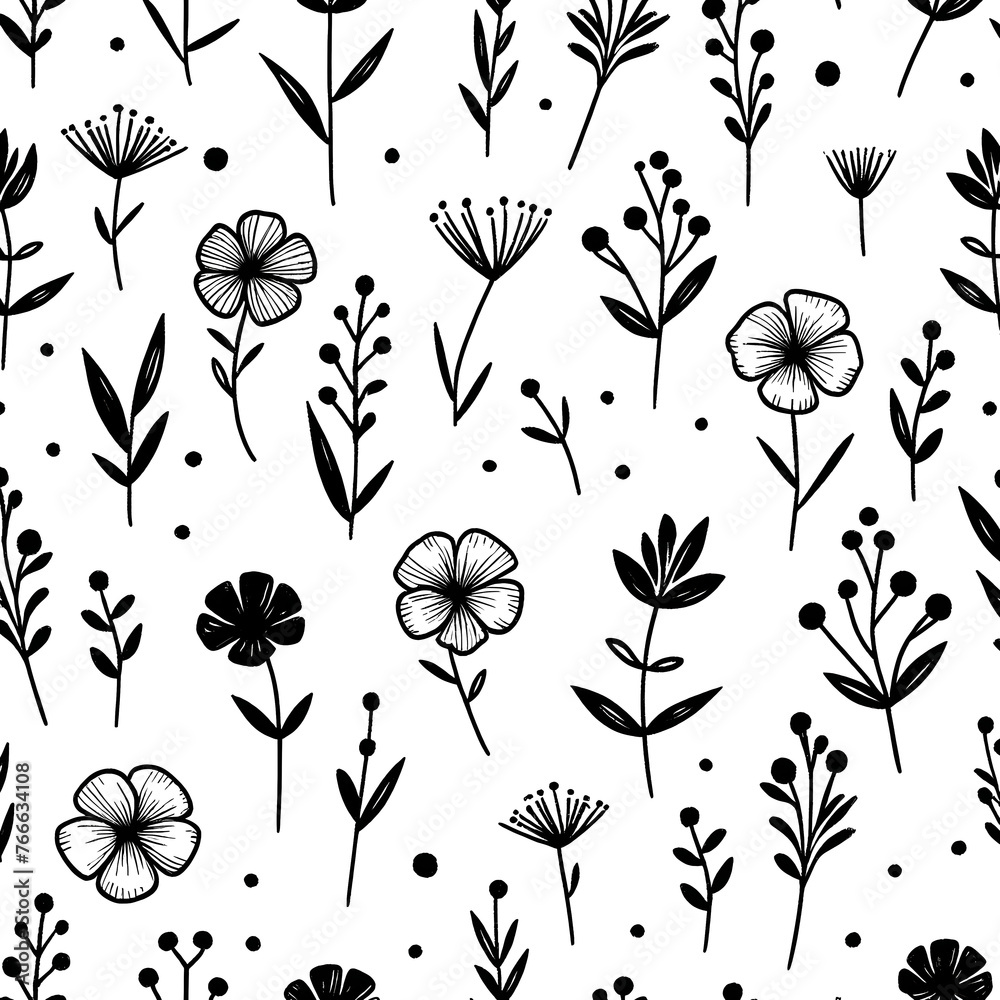 seamless pattern with black flowers - obrazy, fototapety, plakaty 