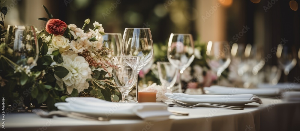 The table is adorned with numerous glasses and plates, accompanied by a bouquet of flowers