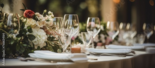 The table is adorned with numerous glasses and plates, accompanied by a bouquet of flowers