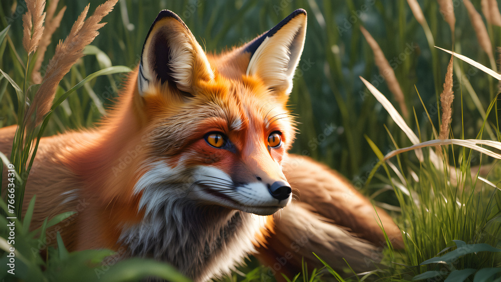 Fototapeta premium Curious Encounter: Red Fox Peeking from Tall Grass. generative AI