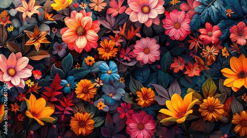 Color Burst Leaves Among Flowers