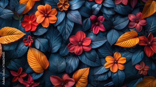 Color Burst Leaves Among Flowers