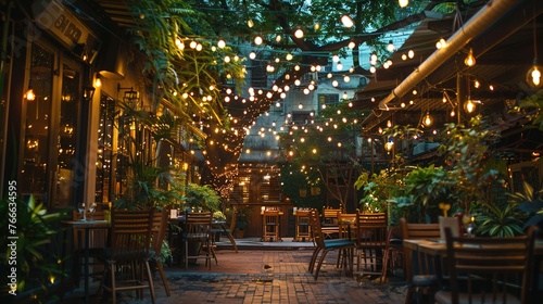 A cozy outdoor patio at a charming food restaurant, adorned with twinkling string lights and lush greenery, where diners can enjoy al fresco dining and savor delicious meals in a serene atmosphere.