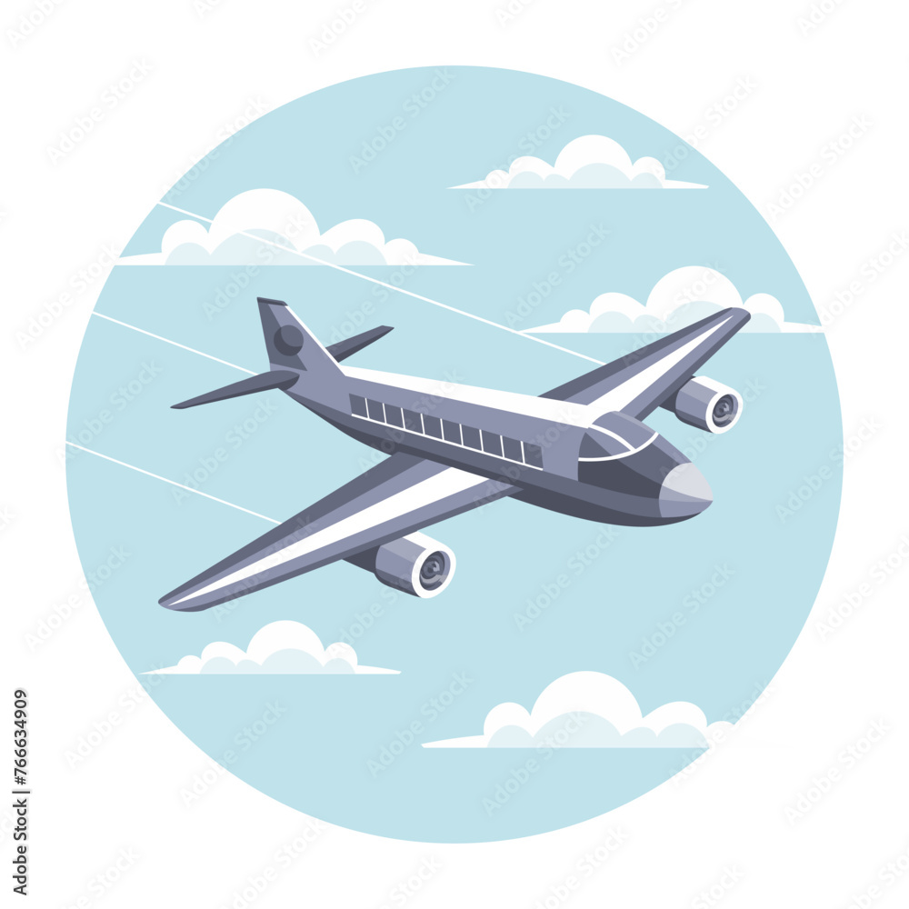 The plane flies in the sky between the clouds. Time for travel and vacation. Illustration, vector	
