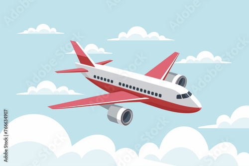 The plane flies in the sky between the clouds. Time for travel and vacation. Illustration, vector  © Tatiana