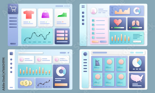 Industry Analytics Dashboards: Finance, Hospitality, Healthcare, E-commerce - 3D Plastic Rubber Visuals vector